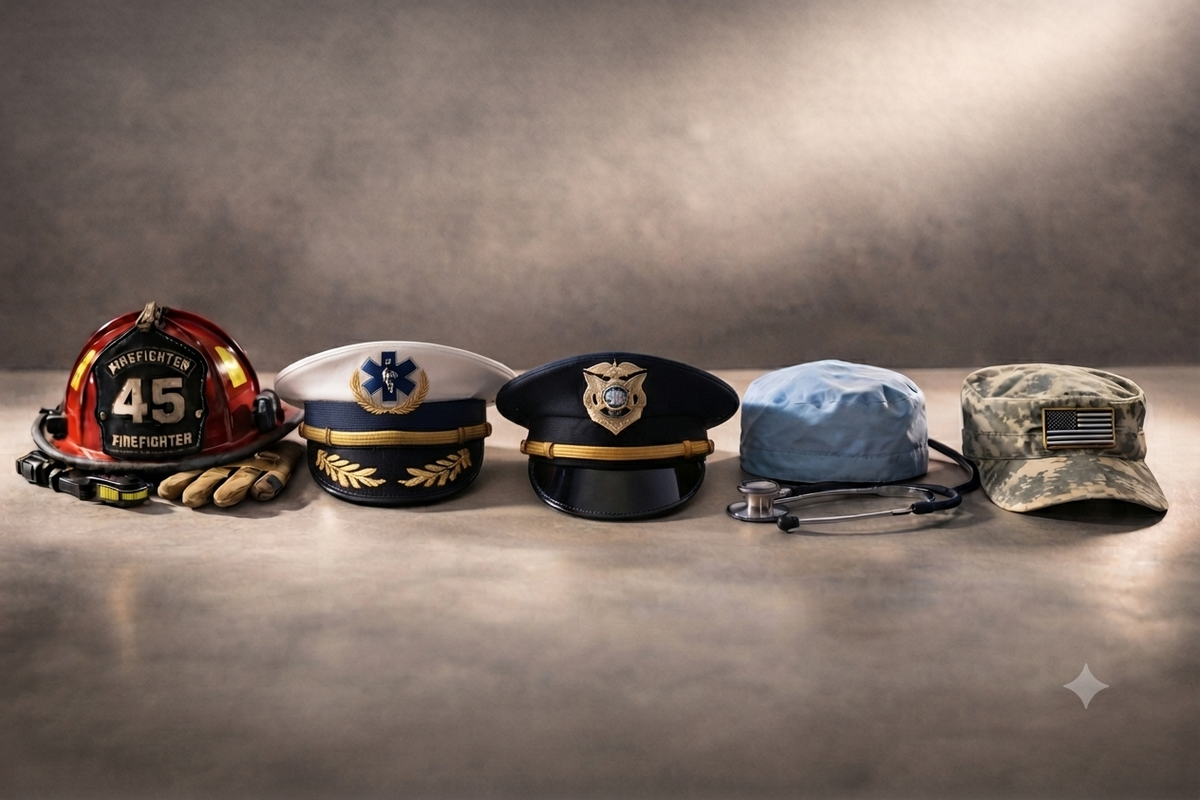 Five uniform hats: fire, law enforcement, paramedic, medical, and military